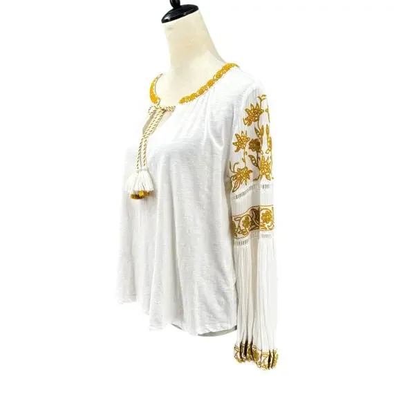 By Anthropologie Aja White Knit Golden Yellow Embroidered Long Sleeve Boho Top - Picture 5 of 15